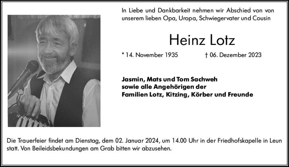  Traueranzeige für Heinz Lotz vom 28.12.2023 aus Wetzlarer Neue Zeitung