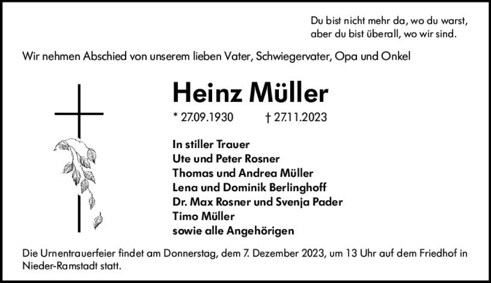  Traueranzeige für Heinz Müller vom 02.12.2023 aus Darmstädter Echo