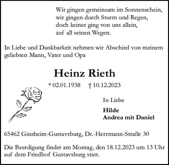 Traueranzeige von Heinz Rieth von Allgemeine Zeitung Mainz