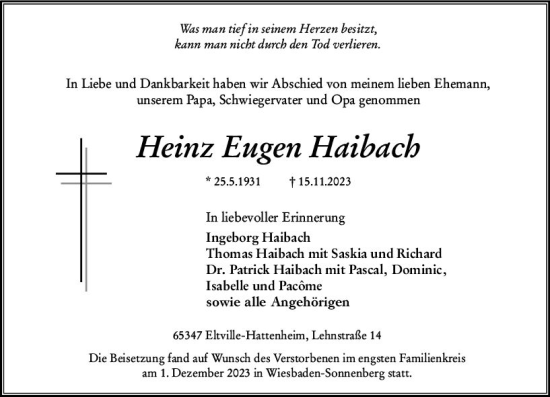 Traueranzeige von Heinz Eugen Haibach von Wiesbadener Kurier