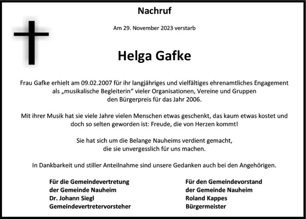  Traueranzeige für Helga Gafke vom 06.12.2023 aus Rüsselsheimer Echo