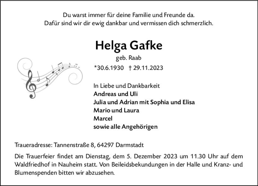  Traueranzeige für Helga Gafke vom 02.12.2023 aus Rüsselsheimer Echo