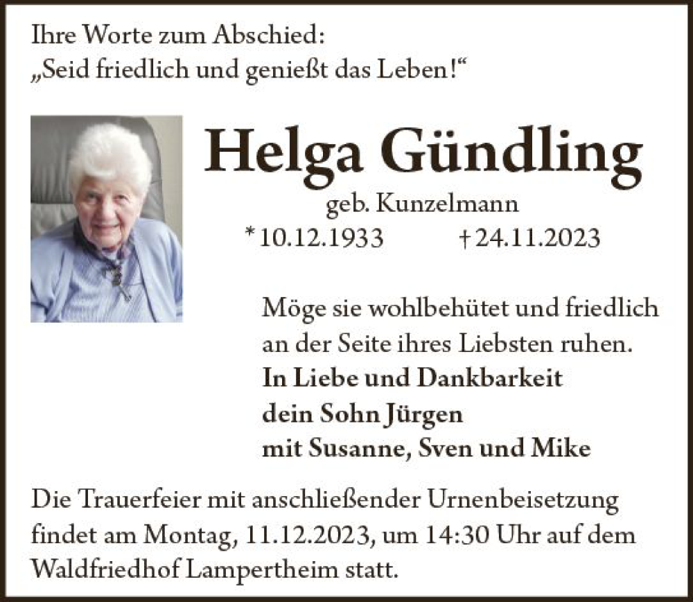  Traueranzeige für Helga Gündling vom 02.12.2023 aus Starkenburger Echo