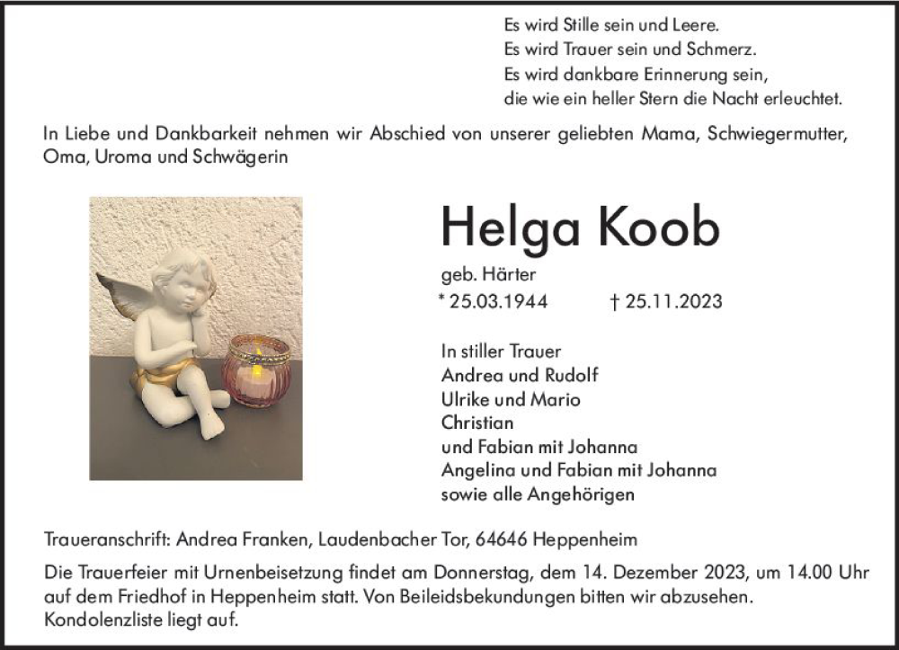  Traueranzeige für Helga Koob vom 09.12.2023 aus Starkenburger Echo