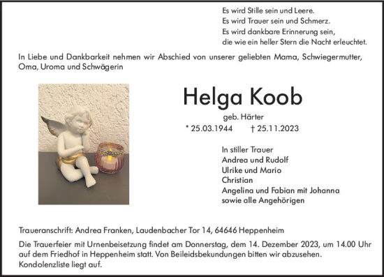 Traueranzeige von Helga Koob von Starkenburger Echo