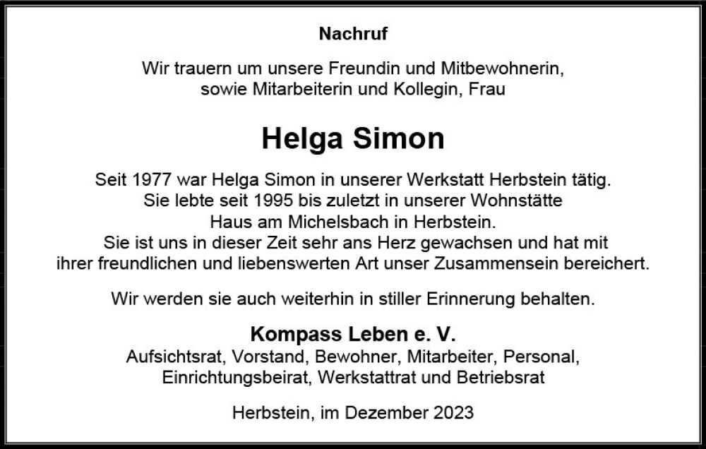  Traueranzeige für Helga Simon vom 16.12.2023 aus VRM Trauer
