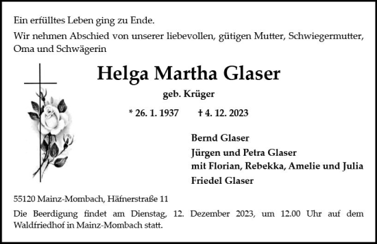 Traueranzeige von Helga Martha Glaser von Allgemeine Zeitung Mainz