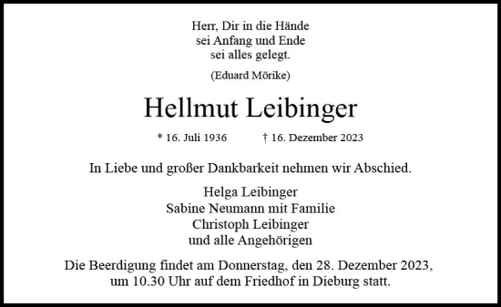 Traueranzeige von Hellmut Leibinger von Dieburger Anzeiger/Groß-Zimmerner Lokal-Anzeiger