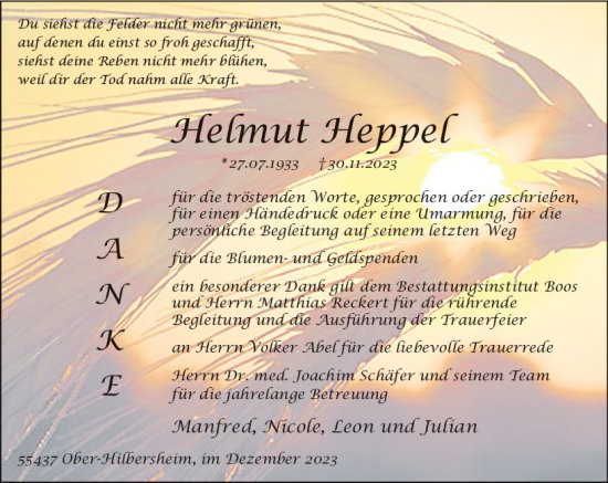Traueranzeige von Helmut Heppel von Allgemeine Zeitung Bingen/Ingelheim