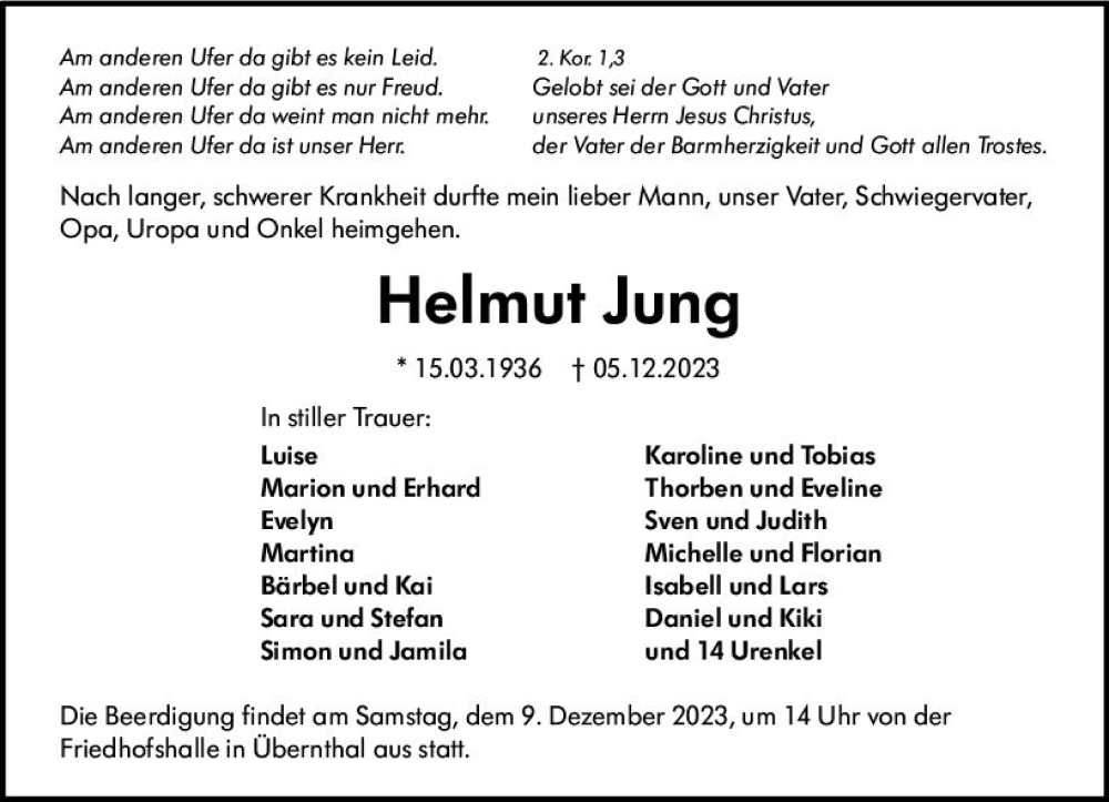  Traueranzeige für Helmut Jung vom 08.12.2023 aus Dill Block