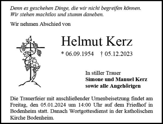 Traueranzeige von Helmut Kerz von Allgemeine Zeitung Mainz