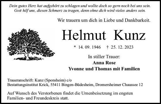 Traueranzeige von Helmut Kunz von Allgemeine Zeitung Bingen/Ingelheim