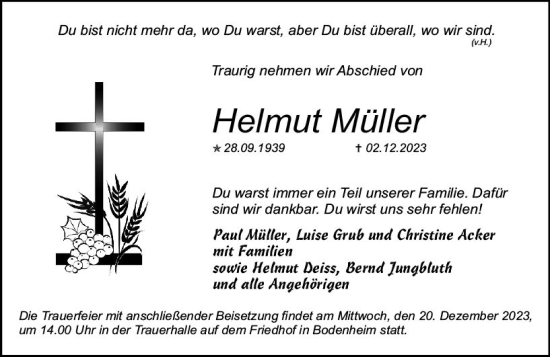 Traueranzeige von Helmut Müller von Allgemeine Zeitung Mainz
