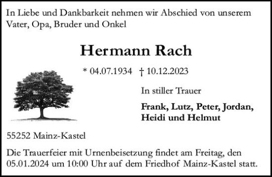 Traueranzeige von Hermann Rach von Allgemeine Zeitung Mainz