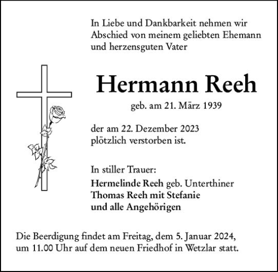 Traueranzeige von Hermann Reeh von Wetzlarer Neue Zeitung