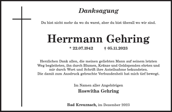 Traueranzeige von Herrmann Gehring von Allgemeine Zeitung Bad Kreuznach