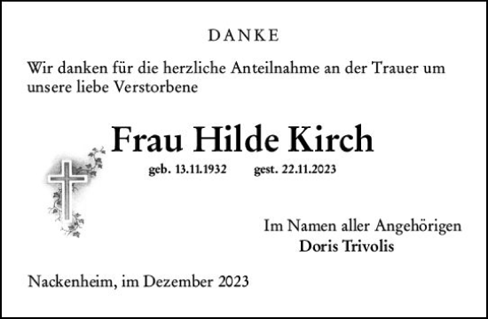 Traueranzeige von Hilde Kirch von Allgemeine Zeitung Mainz