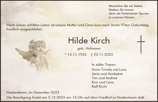Traueranzeige von Hilde Kirch von Allgemeine Zeitung Mainz