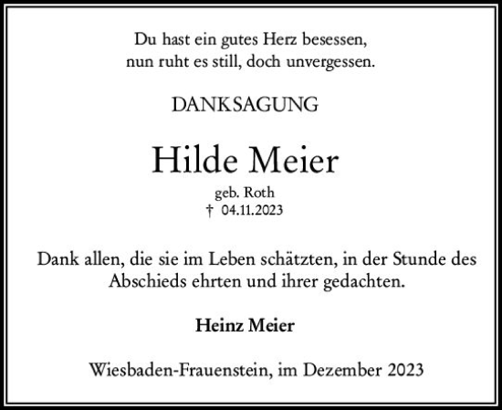 Traueranzeige von Hilde Meier von Wiesbadener Kurier