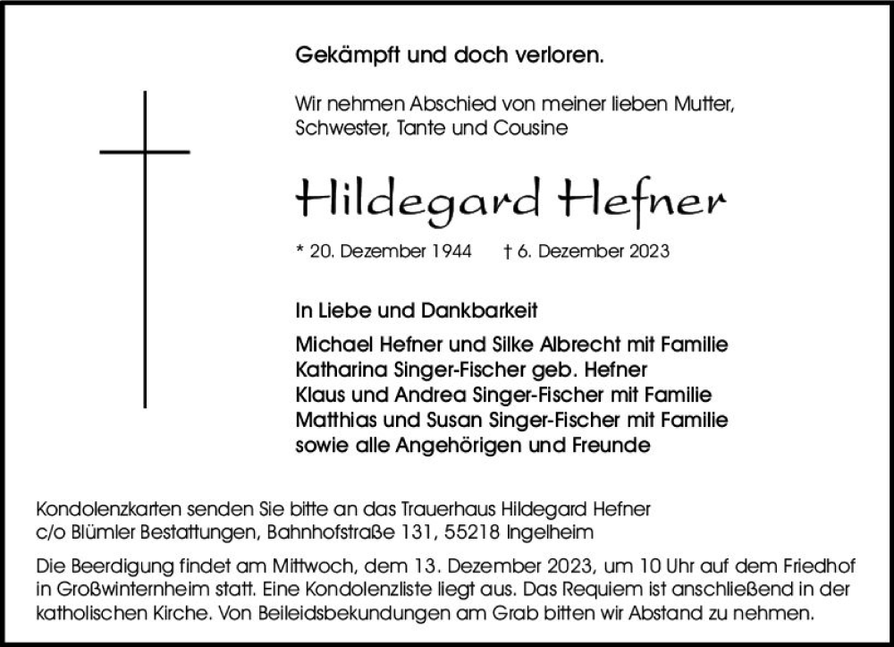  Traueranzeige für Hildegard Hefner vom 09.12.2023 aus Allgemeine Zeitung Bingen/Ingelheim