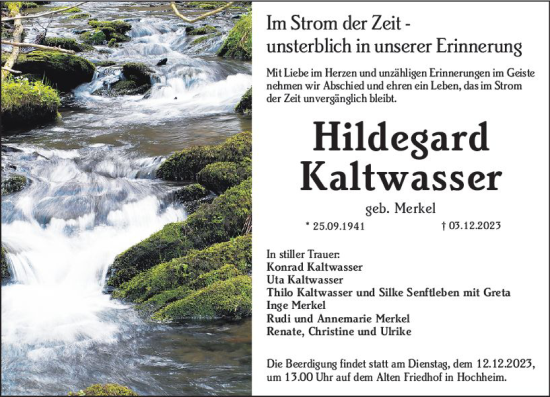 Traueranzeige von Hildegard Kaltwasser von Hochheimer Zeitung