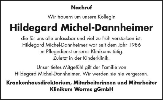 Traueranzeige von Hildegard Michel-Dannheimer von Wormser Zeitung