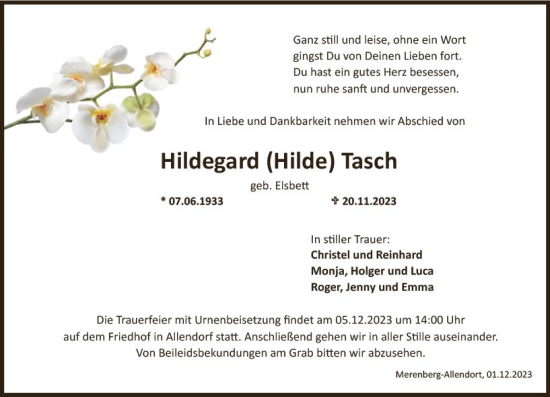 Traueranzeige von Hildegard  Tasch von Weilburger Tageblatt