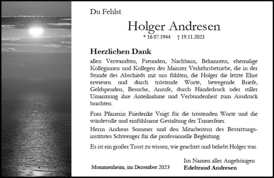 Traueranzeige von Holger Andresen von Allgemeine Zeitung Mainz
