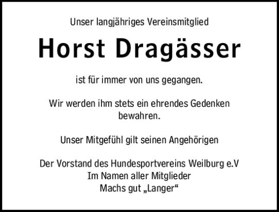 Traueranzeige von Horst Dragässer von Weilburger Tageblatt