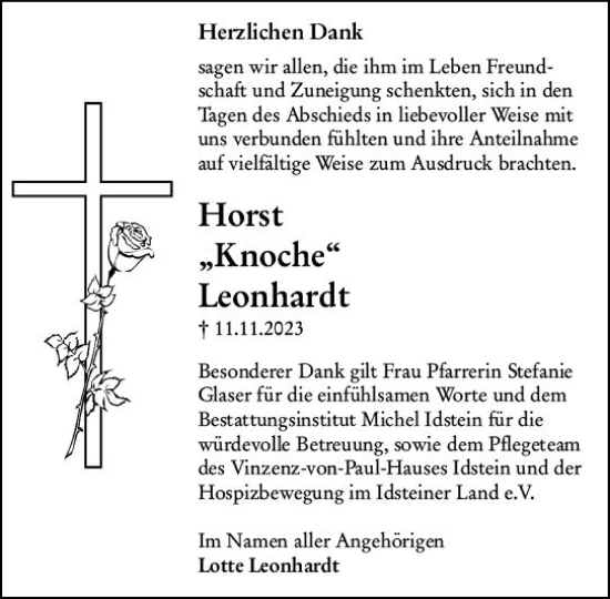 Traueranzeige von Horst Leonhardt von Untertaunus/Idstein Wochenblatt