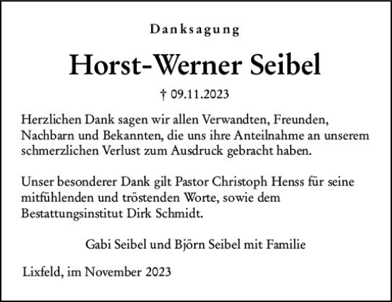 Traueranzeige von Horst-Werner Seibel von Hinterländer Anzeiger
