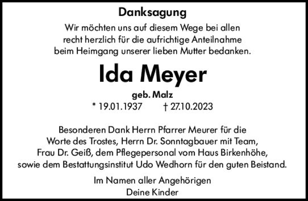  Traueranzeige für Ida Meyer vom 02.12.2023 aus Starkenburger Echo