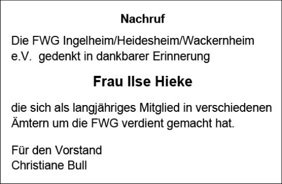 Traueranzeige von Ilse Hieke von Allgemeine Zeitung Bingen/Ingelheim