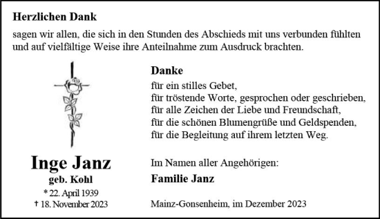 Traueranzeige von Inge Janz von Allgemeine Zeitung Mainz