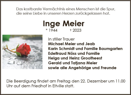 Traueranzeige von Inge Meier von Wiesbadener Kurier