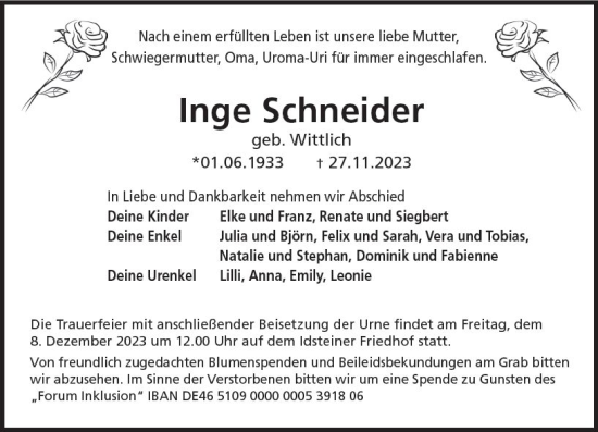 Traueranzeige von Inge Schneider von Idsteiner Land/Untertaunus