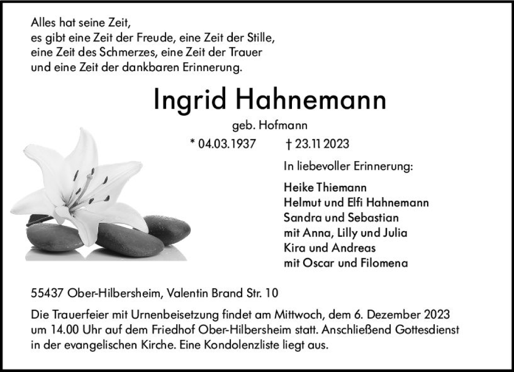  Traueranzeige für Ingrid Hahnemann vom 02.12.2023 aus Allgemeine Zeitung Bingen/Ingelheim