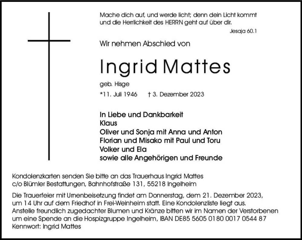  Traueranzeige für Ingrid Mattes vom 09.12.2023 aus Allgemeine Zeitung Bingen/Ingelheim