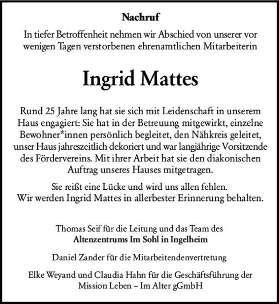 Traueranzeige von Ingrid Mattes von Allgemeine Zeitung Bingen/Ingelheim