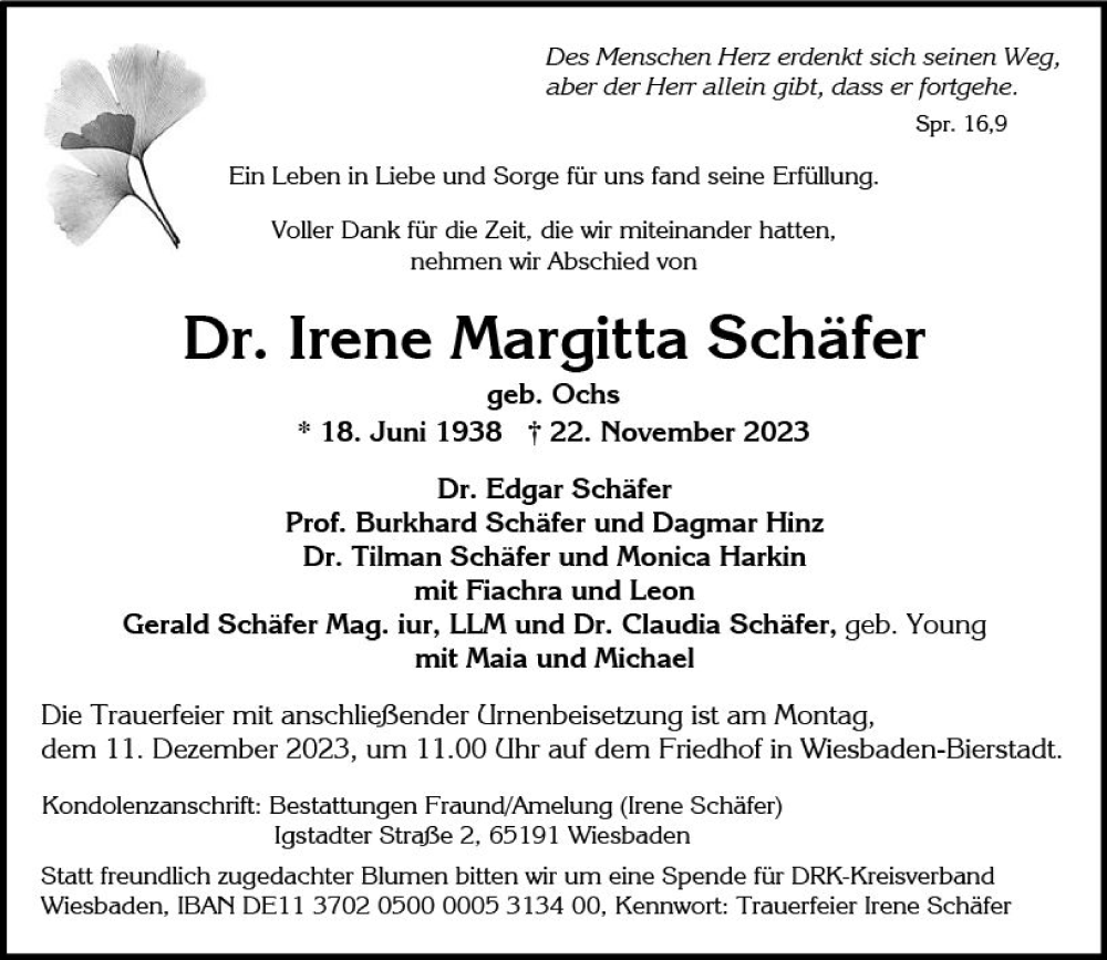  Traueranzeige für Irene Margitta Schäfer vom 02.12.2023 aus Wiesbadener Kurier