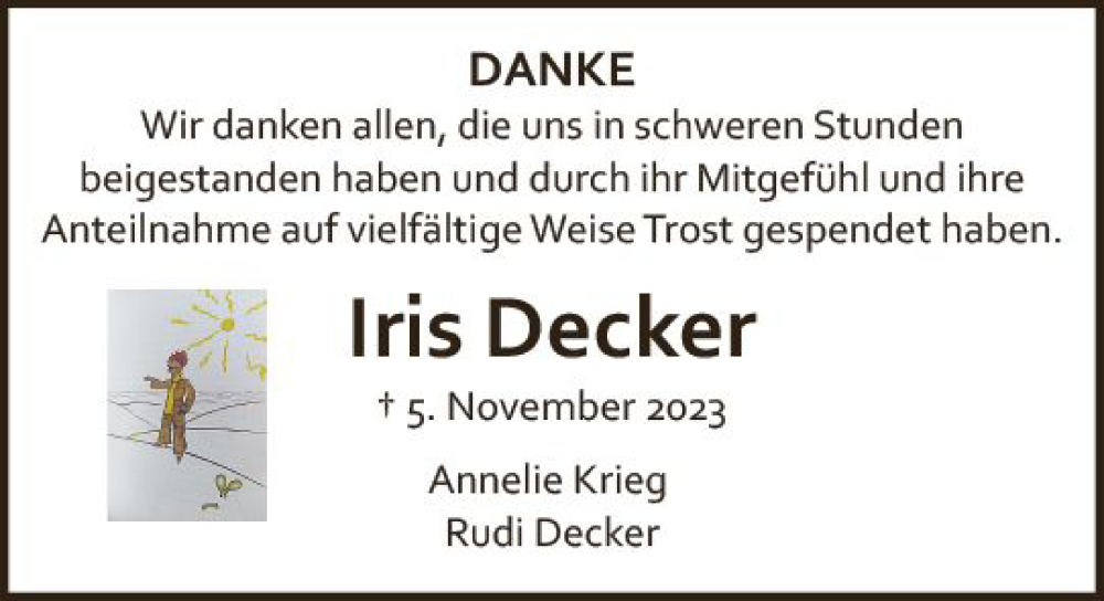  Traueranzeige für Iris Decker vom 16.12.2023 aus Allgemeine Zeitung Bad Kreuznach