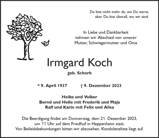 Traueranzeige von Irmgard Koch von Starkenburger Echo