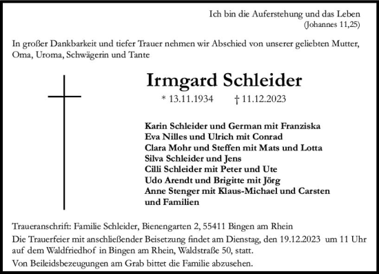 Traueranzeige von Irmgard Schleider von Allgemeine Zeitung Bingen/Ingelheim