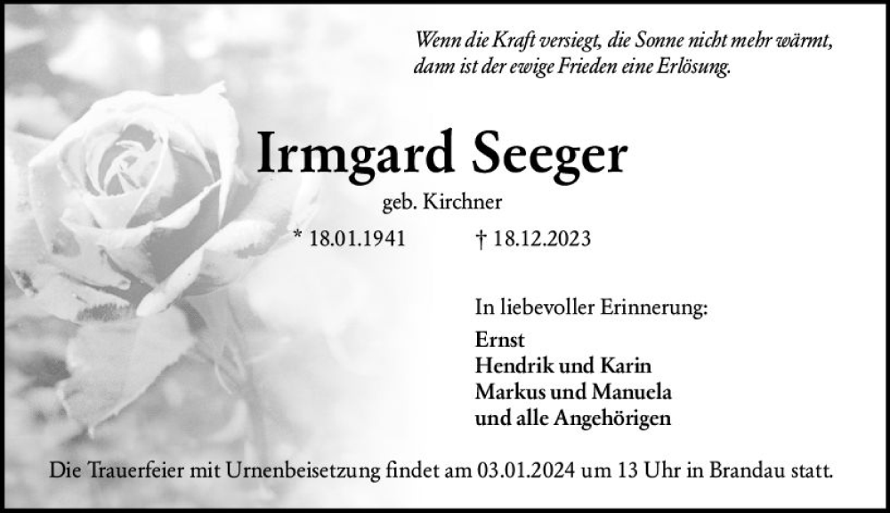  Traueranzeige für Irmgard Seeger vom 30.12.2023 aus Darmstädter Echo