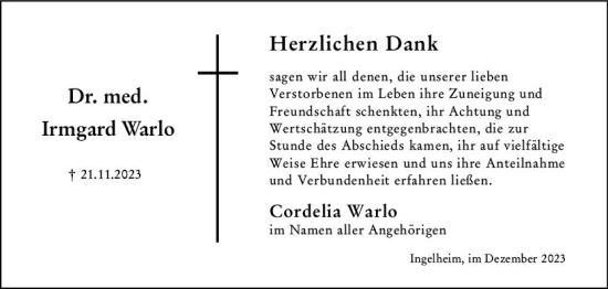 Traueranzeige von Irmgard Warlo von Allgemeine Zeitung Mainz