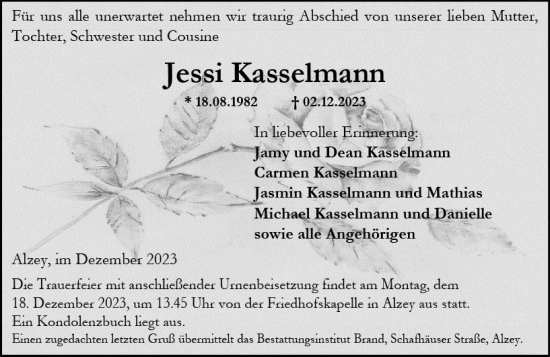 Traueranzeige von Jessi Kasselmann von Allgemeine Zeitung Alzey
