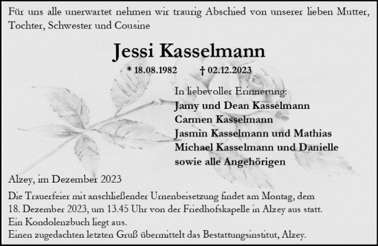Traueranzeige von Jessi Kasselmann von Allgemeine Zeitung Alzey