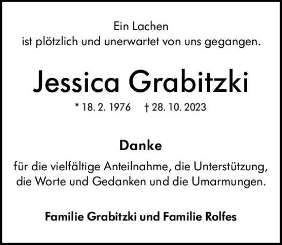 Traueranzeige von Jessica Grabitzki von Wetzlarer Neue Zeitung