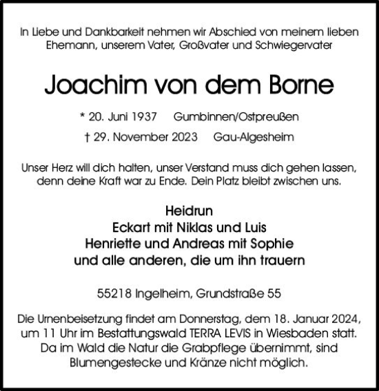 Traueranzeige von Joachim von dem Borne von Allgemeine Zeitung Bingen/Ingelheim