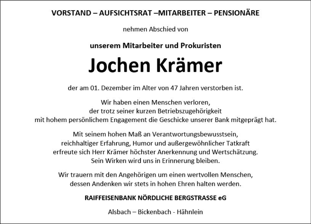  Traueranzeige für Jochen Krämer vom 09.12.2023 aus Darmstädter Echo